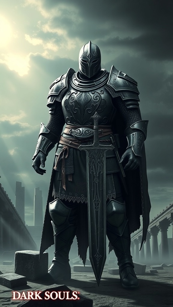 The Onion Knight in Catarina armor holding a great sword in a dark fantasy setting.